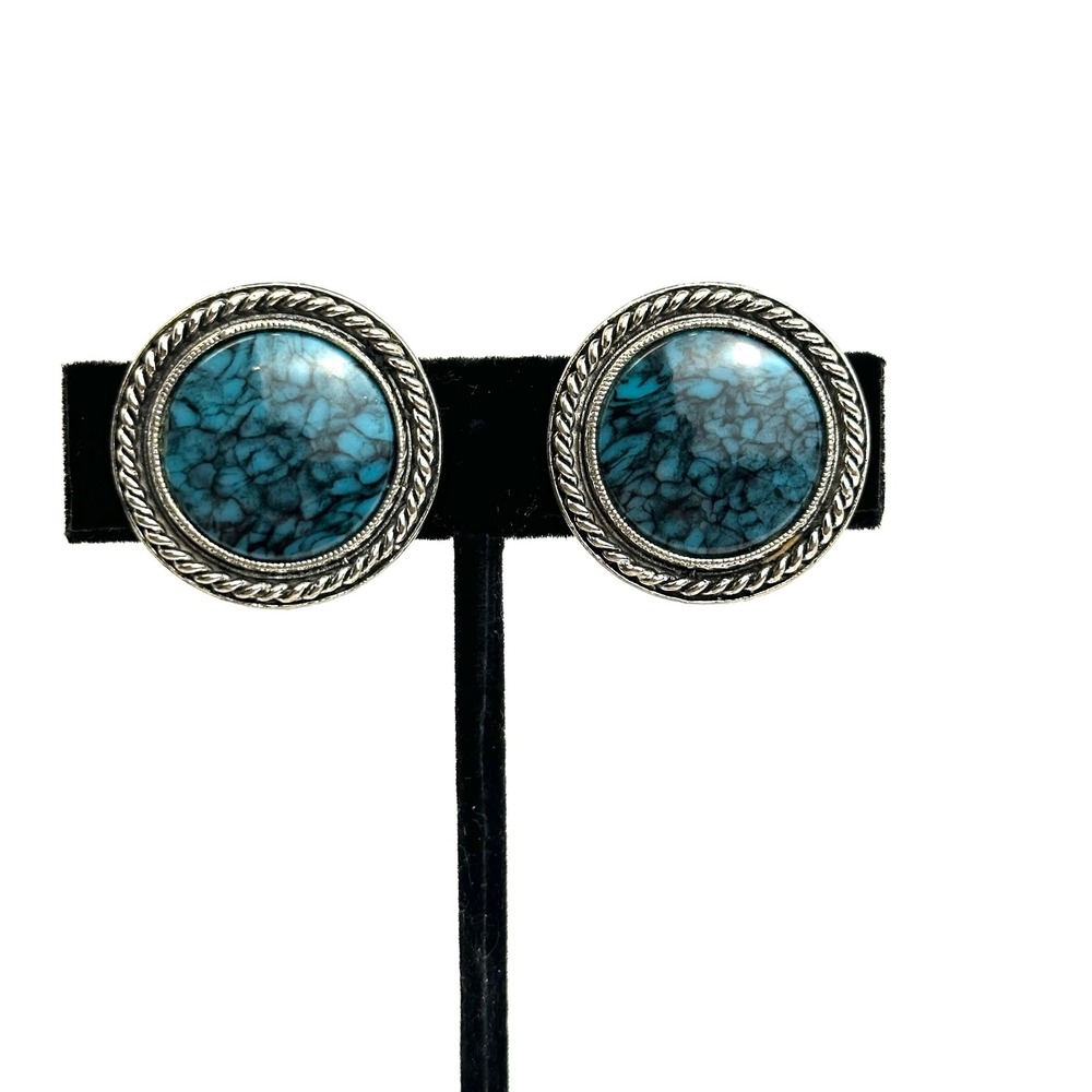 Womens Faux Turquoise Silver Tone Rope Border Round Clip On Statement Earrings